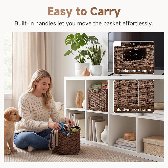 StorageWorks 9 inch Wicker Storage Cubes, Handwoven Wicker Baskets for Storage, Square Cube Organizer Bins, Foldable Paper Rope Basket for Organizing, Brown, 2 Pack