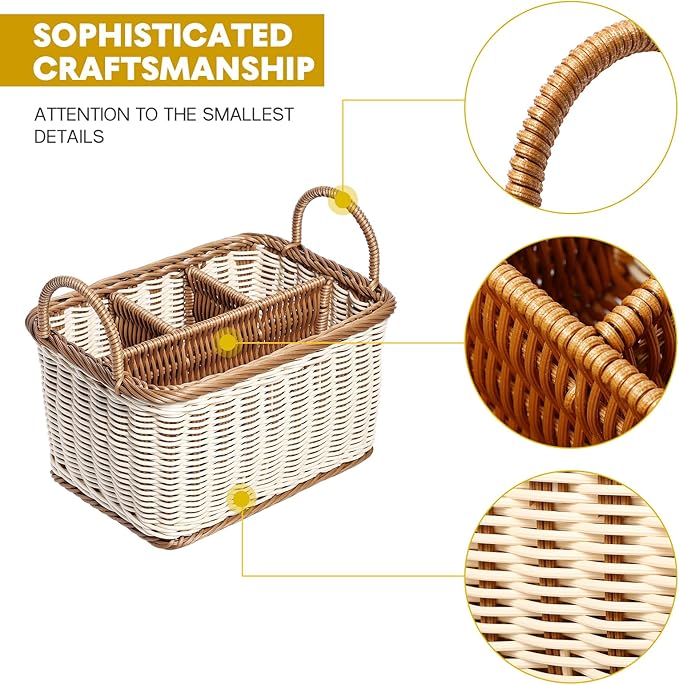 Hemoton Cutlery Storage Organizer Basket, Hand Woven Utensil Holder, Silverware, Tote Bin Basket for Kitchen Table, Cabinet, Holds Forks, Knives, Spoons, Napkins, Pens, Indoor or Outdoor Use