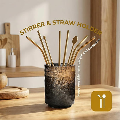Ceramic Spoon Holder for Coffee Bar, Upright Tea Spoon Holder Cup, Coffee Stirrers Straws Stir Stick Holder, Grey Starry Sky