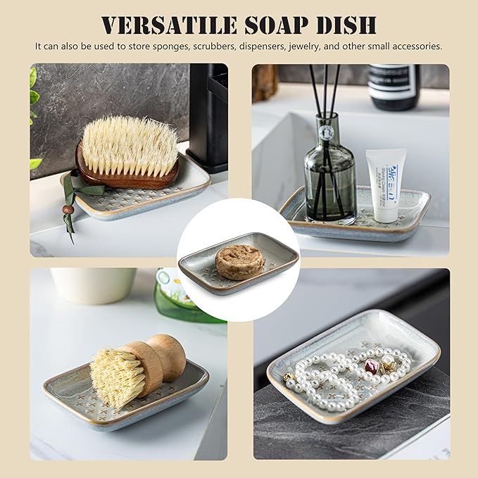 Premium Ceramic Soap Dish Holder - Large 5.5 Inch Soap Saver Tray with Non-Slip Base, Multi-Use for Bar Soap, Sponge, Butter & Jewelry - Elegant Gift for Bathroom, Kitchen, Shower Countertop - Gray