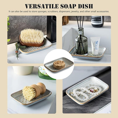 Premium Ceramic Soap Dish Holder - Large 5.5 Inch Soap Saver Tray with Non-Slip Base, Multi-Use for Bar Soap, Sponge, Butter & Jewelry - Elegant Gift for Bathroom, Kitchen, Shower Countertop - Gray