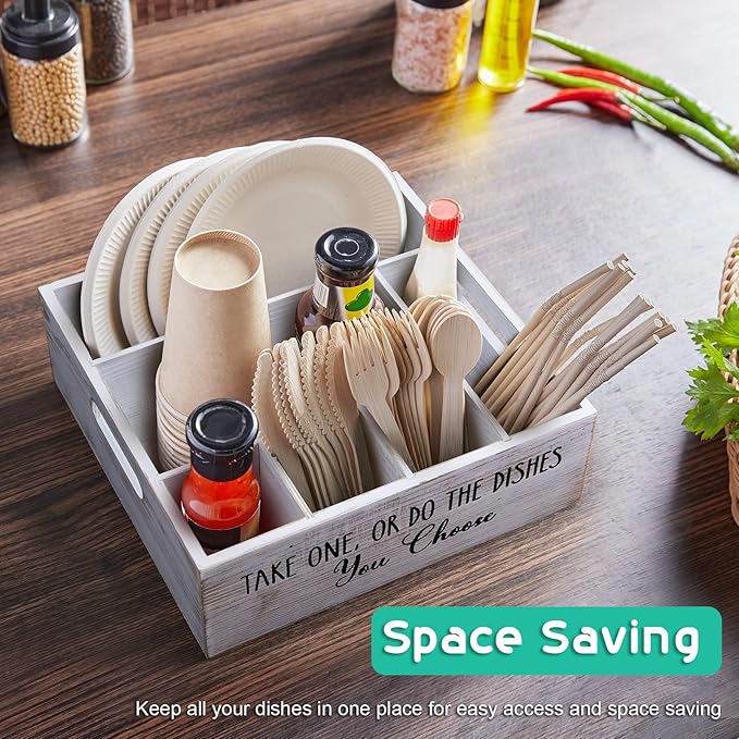 ALELION Rustic White Plate and Utensil Caddy, 6-Compartment Paper Plate and Cutlery Holder with Handles, Kitchen and Party Organizer for BBQs, Picnics, and Gatherings
