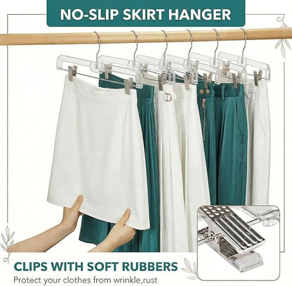 HOUSE DAY Clear Pants Hangers with Clips 12 Pack, Plastic Skirt Hangers for Women, 14 Inch Clip Hanger for Pants, Skirts, Jeans, Shorts, Legging, with 360-degree Swivel Hook, 2 Adjustable Clips