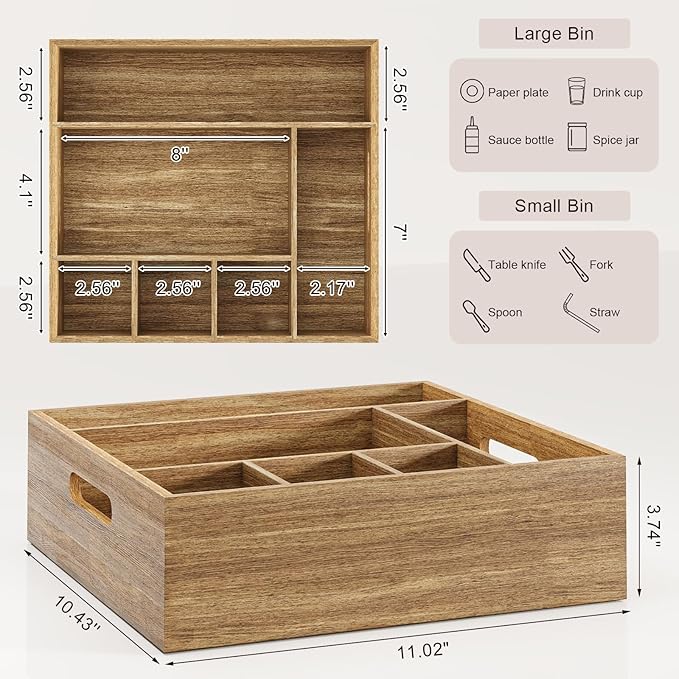 Acacia Wood Utensil Holder for Party, Paper Plate and Utensil Holder Caddy for Countertop, Kitchen Silverware Organizer Dispenser for Spoon, Napkin, Cup, Cutlery Holders for Outdoor, Camping, Picnic