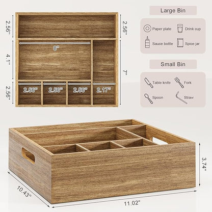 Acacia Wood Utensil Holder for Party, Paper Plate and Utensil Holder Caddy for Countertop, Kitchen Silverware Organizer Dispenser for Spoon, Napkin, Cup, Cutlery Holders for Outdoor, Camping, Picnic