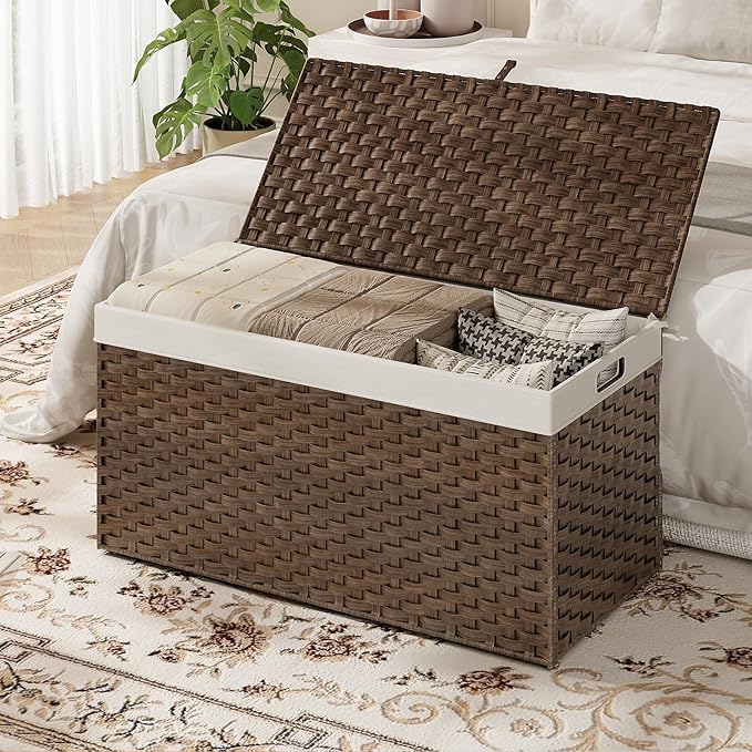 HOOBRO Storage Basket with Lid, 52.8 Gallon (200L) Wicker Basket, Handwoven Blanket Storage Basket with Handles, Metal Frame and Soft Lining, Foldable for Bedroom, Laundry Room, Brown BR220CW01