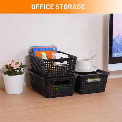 Plastic Storage Baskets With Lid, Storage Bins for Organizing, Stackable Decorative Containers for Shelves Drawers Desktop Closet Playroom Classroom Office,10 Pack-Black