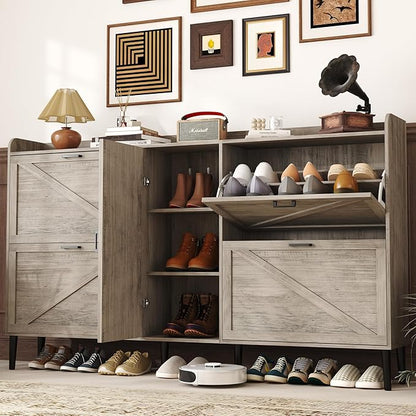 HOMEFORT Large Shoe Cabinet with 4 Flip Drawers, Farmhouse Narrow Shoe Organizer Cabinet for Entryway, Hidden Shoe Rack with Adjustable Side Cabinet for Boot Storage,6 Wood Legs, Washed Gray