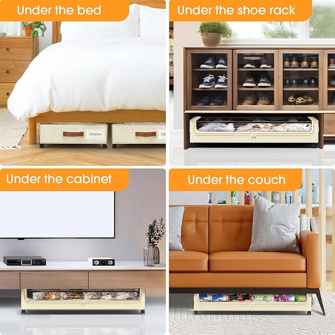 SpaceHacks Under Bed Storage with Wheels 2Pack Underbed Storage with Clear Window&Label Under Bed Drawers Large Capacity Rolling Under Bed Storage for Clothes,Shoes, Blankets (Beige)