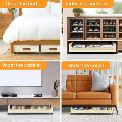 SpaceHacks Under Bed Storage with Wheels 2Pack Underbed Storage with Clear Window&Label Under Bed Drawers Large Capacity Rolling Under Bed Storage for Clothes,Shoes, Blankets (Beige)