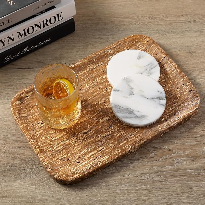 Karibiber Natural Marble Vanity Tray, 11.8" Travertine/Stone Bathroom Tray Countertop, Golden Stone for Perfume Jewelry Holder, Decorative Dresser Organizer, Storage for Kitchen Sink(Walnut Traver)