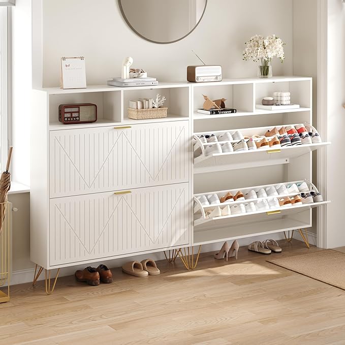 Fluted Shoe Cabinet Storage for Entryway, Set of 2, 39'' Large White Shoe Organizer with 2 Flip Drawers & Open Shelf, Freestanding Hidden Shoe Storage Cabinet