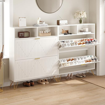 Fluted Shoe Cabinet Storage for Entryway, Set of 2, 39'' Large White Shoe Organizer with 2 Flip Drawers & Open Shelf, Freestanding Hidden Shoe Storage Cabinet