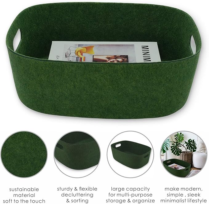 Welaxy Large Felt Storage Basket with Handles, Open Bin for Shelves, Books, Toys, Laundry & Home Organization (Forest Green)