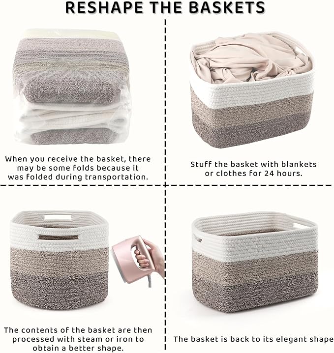 4 Pack Storage Baskets for Organizing, 12''Lx9''Wx8''H Woven Baskets for Storage Toys, Towels, Books, and Clothes, Cotton Rope Basket for Shelves with Handle