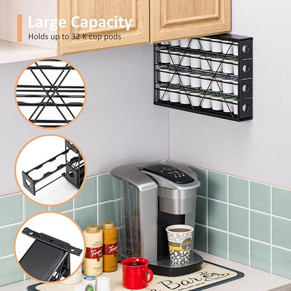 K Cup Holders for 4 Tier, 32 Pods K Cup Storage, Coffee Pod Holder for Countertop, K Cup Organizer Coffee Bar Accessories Black Metal