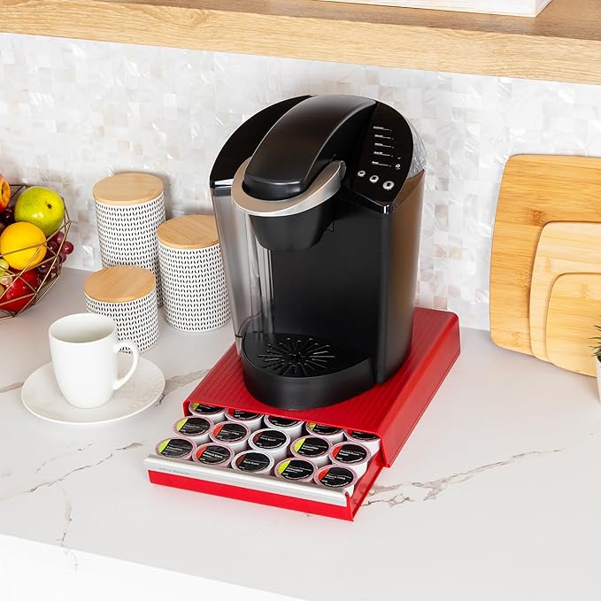 Mind Reader Single Serve Coffee Pod Drawer, 30 Pod Capacity, 5 Row Organizer with 2 Inch Dividers, Countertop Storage Base (Coffee Maker Not Included), Red