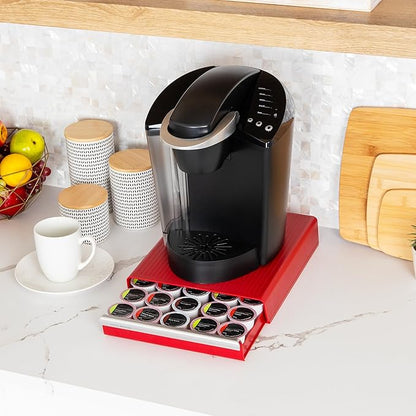 Mind Reader Single Serve Coffee Pod Drawer, 30 Pod Capacity, 5 Row Organizer with 2 Inch Dividers, Countertop Storage Base (Coffee Maker Not Included), Red