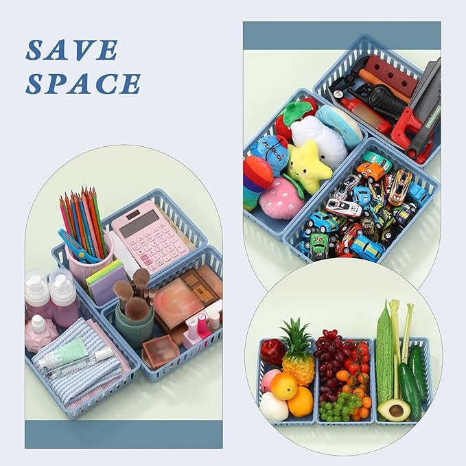 Wenqik 24 Pcs Plastic Storage Baskets for Classroom Organizing Small Pantry Storage Bins Rectangular Tray for Back to School Household Toys Classroom Bedrooms, Kitchens Countertops(Haze Blue)