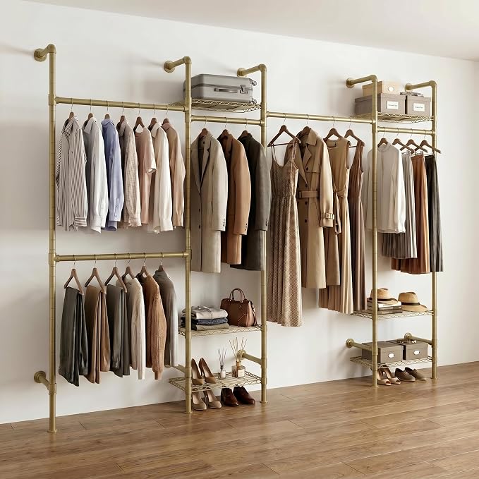 Wall Mounted Closet System – Adjustable Clothing Rack with 6 Hanging Clothes Rods( 4 Expandable Rods) & 6 Shelves, Heavy Duty Industrial Pipe Clothes Rack for Closet Organizer and Storage, Gold