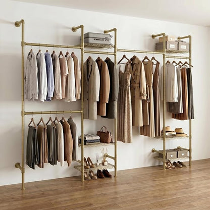 Wall Mounted Closet System – Adjustable Clothing Rack with 6 Hanging Clothes Rods( 4 Expandable Rods) & 6 Shelves, Heavy Duty Industrial Pipe Clothes Rack for Closet Organizer and Storage, Gold