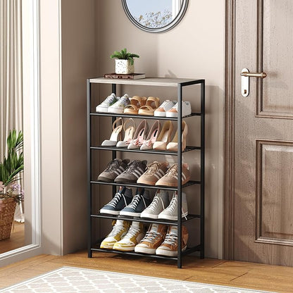 HOMEFORT 6 Tiers Shoe Rack Organizer,23" Shoe Storage Shelf for Closet, Shoe Rack for Entryway, Each Tier Fits 3 Pairs, Shoe Stand with Metal Shelves and MDF Top Board, Washed Gray