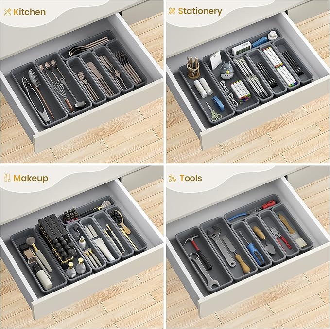 7 Pack Silicone Silverware Drawer Organizer, DIY Free Combination Kitchen Drawer Organizer, Utensil Organizer, Moisture-proof and Heat-resistant up to 200°C, Anti-slip Design (Grey)