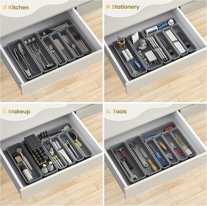 7 Pack Silicone Silverware Drawer Organizer, DIY Free Combination Kitchen Drawer Organizer, Utensil Organizer, Moisture-proof and Heat-resistant up to 200°C, Anti-slip Design (Grey)