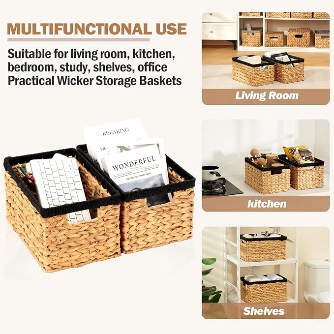 Edergoo Wicker Storage Basket 2 Pack, Water Hyacinth Storage Baskets with Built-in Handles, Large Wicker Baskets for Storage & Organizing, Natural with Black