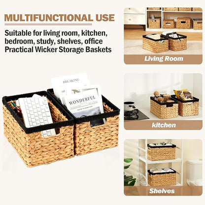 Edergoo Wicker Storage Basket 2 Pack, Water Hyacinth Storage Baskets with Built-in Handles, Large Wicker Baskets for Storage & Organizing, Natural with Black