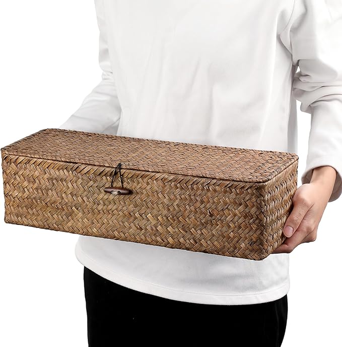 Hipiwe Handwoven Seagrass Storage Basket with Lid Rectangular Toilet Paper Holder 3 Sections Home Organizer Bin for Bathroom Shelf Kitchen