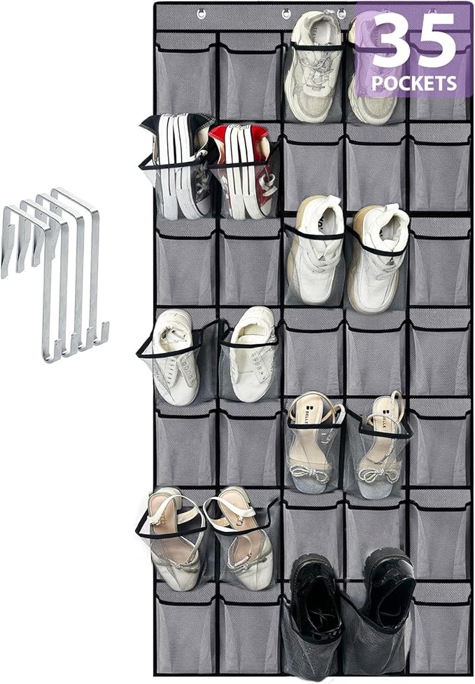 homyfort 35 Large Pockets Over the Door Shoe Organizer, Extra Sturdy Oxford Fabric Hanging Shoe Rack for Door Closet, Wall Mesh Shoe Storage Holder for Mens Women Shoes (Grey)