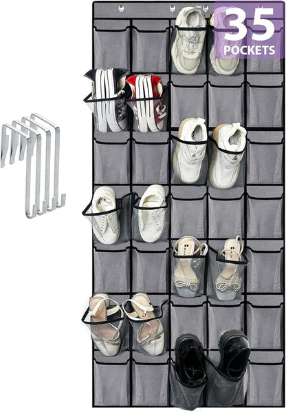 homyfort 35 Large Pockets Over the Door Shoe Organizer, Extra Sturdy Oxford Fabric Hanging Shoe Rack for Door Closet, Wall Mesh Shoe Storage Holder for Mens Women Shoes (Grey)