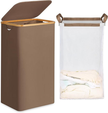 efluky 26 Gal Laundry Basket with Lid and Net Bag, Tall Laundry Hamper with Bamboo Handles, Aesthetic Dirty Clothes Bin for Laundry Room, Bathroom, Bedroom and Dorm, Brown
