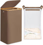 efluky 26 Gal Laundry Basket with Lid and Net Bag, Tall Laundry Hamper with Bamboo Handles, Aesthetic Dirty Clothes Bin for Laundry Room, Bathroom, Bedroom and Dorm, Brown