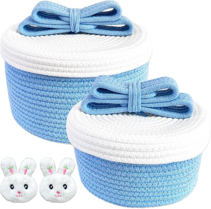 Cute Storage Baskets with Lids, Small Round Woven Rope Basket with Lid, Small Toy Box for Kids or Cat, Cute Basket for Gift, Decorative Basket with Chic Bow Handle, Blue
