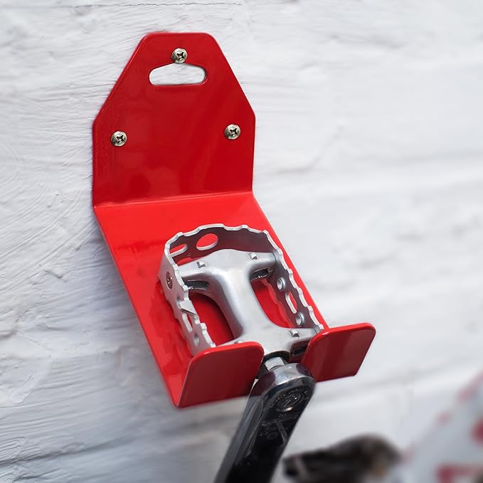 Relaxdays Pedal to Wall Bracket for Bike Bicycle Metal Wall Bracket Wall Mounted Holder for Hanging Up Bicycle Wall Storage, Red