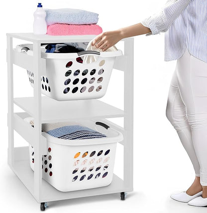 Laundry Basket Holder Shelf – Stackable Engineered Wood Laundry Tower with Wheels, Tiered Laundry Hamper Organizer for Bathroom, Bedroom, Closet (White, 2 Tier)