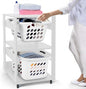 Laundry Basket Holder Shelf – Stackable Engineered Wood Laundry Tower with Wheels, Tiered Laundry Hamper Organizer for Bathroom, Bedroom, Closet (White, 2 Tier)