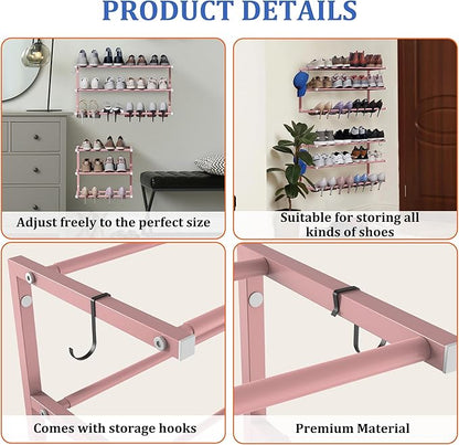 Wall Mounted Shoe Rack, 3 Tier Hanging Shoe Rack Holds 12 Pairs, 17"-30" Adjustable Heavy Duty Metal Shoe Organizer Holder with 2 Storage Hooks, Space Saving for Closet Entryway Doorway（Pink