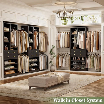 Besiost Closet System, 4.2–8.8 FT Closet Organizer with 2 Wooden Drawers and Shelves, Walk-in Closet System with 5 Hang Rods, Built-in Reach in Closet Tower, Can Fit 60 to 96 inch, Black