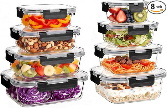 8 Pack Glass Meal Prep Containers with Lids, Extra Thick Airtight Food Storage Set (310ml-1510ml/10.5oz–51oz), Leakproof Lunch Boxes for Leftovers
