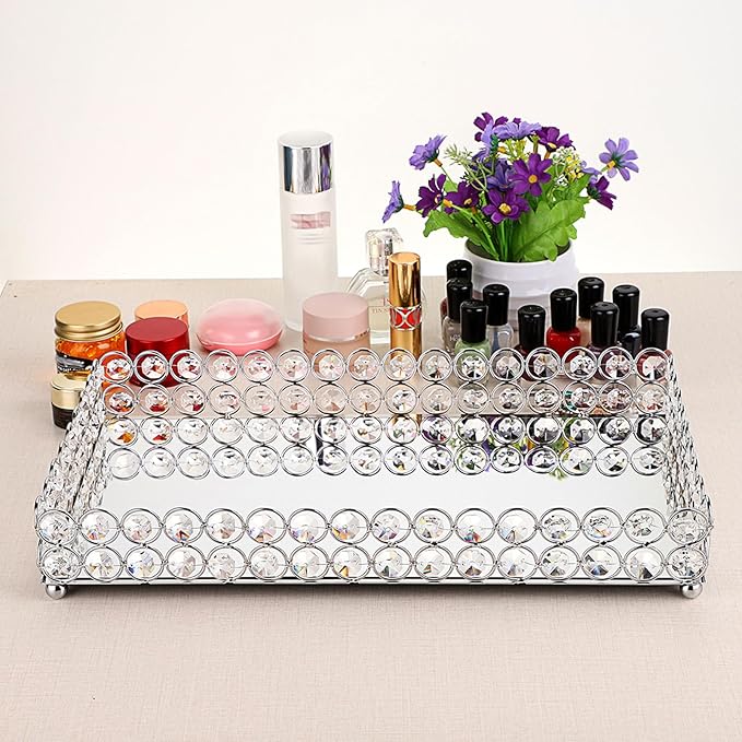 Hipiwe Crystal Cosmetic Vanity Tray, Mirrored Decorative Jewelry Organizer Tray for Perfume, Trinket, Makeup Display Dresser Home Decor (Large, Silver)
