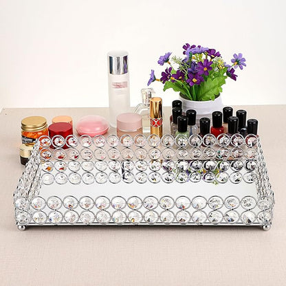 Hipiwe Crystal Cosmetic Vanity Tray, Mirrored Decorative Jewelry Organizer Tray for Perfume, Trinket, Makeup Display Dresser Home Decor (Large, Silver)