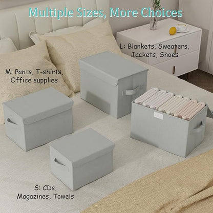 Storage Bins with Lids for Organizing, Closet Boxes with 2 Carrying Handles and Sturdy Heavy Cardboard, Home Organizers Cubes, 2 Pack, Grey, 15 x 9.8 x 9.8 In, XSNY12GL-2