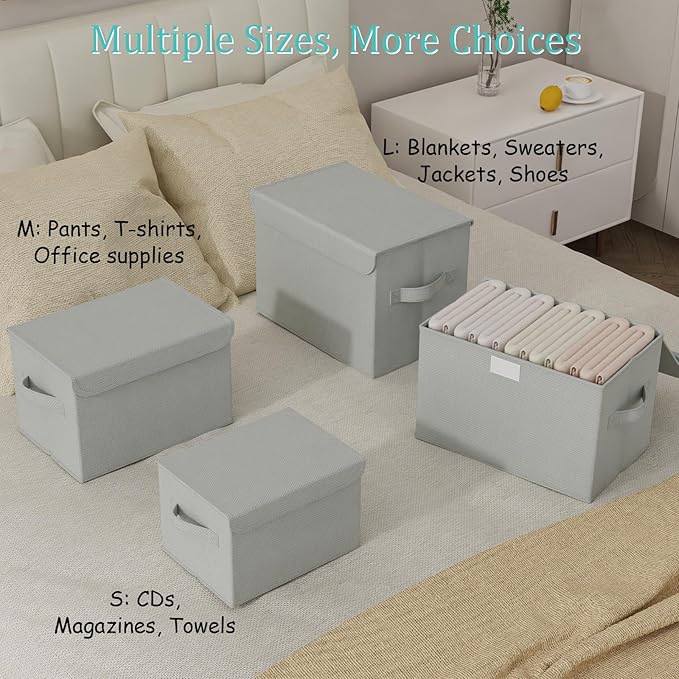 Storage Bins with Lids for Organizing, Closet Boxes with 2 Carrying Handles and Sturdy Heavy Cardboard, Home Organizers Cubes, 4 Pack, Grey, 15 x 9.8 x 9.8 In, XSNY12GL-4