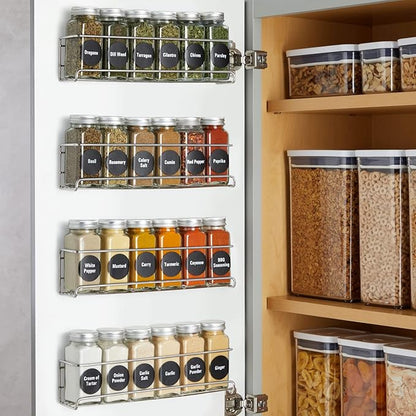 Talented Kitchen Spice Rack Organizer - 4 Stainless Steel Wall-Mounted Racks - 24 4 oz Glass Jars & 269 Preprinted Labels, Chrome - Kitchen & Cabinet Seasoning Organizer for Space Saving Spice Storage