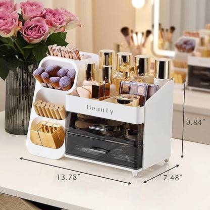 Makeup Organizer for Vanity with Brush Holder, Countertop Makeup organizer with Drawers for Skincare, Cosmetics, Perfumes, Eyeshadow Palettes, Spacious Cosmetic storage organizer