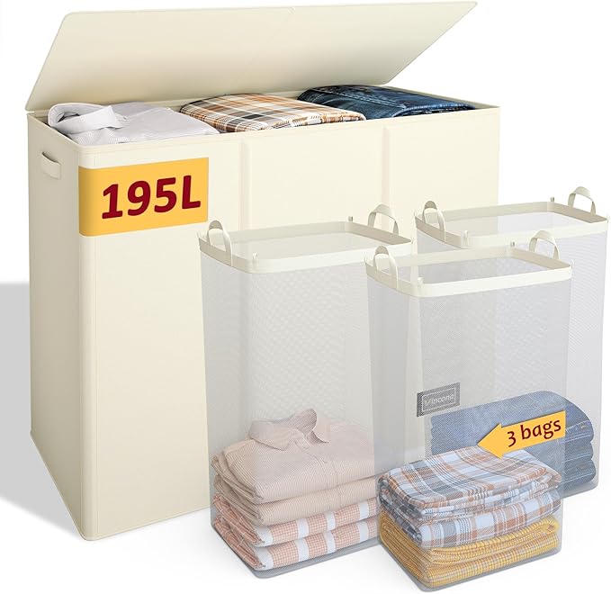 195L Laundry Hamper 3 Section,Large Laundry Hamper with Lid,Dirty Clothes Hamper with 3 Inner Bags,Collapsible Laundry Basket Organizer for Laundry Room,Bedroom,Laundry Sorter Hamper 3 Compartment