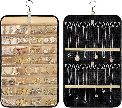Tefola Hanging Jewelry Organizer, Double-Sided Necklace Organizer Jewelry Holder Organizer for Earrings, Necklaces Rings, Glasses, Sunglass Organizer for Closet, Wall, Door (Black, Small Size)